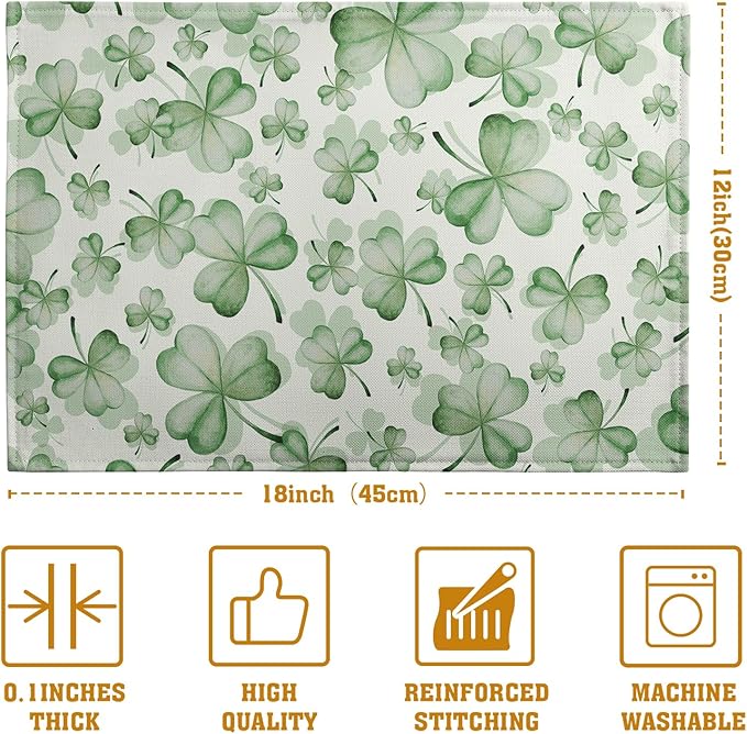 Shamrocks St. Patrick's Day Placemats Set of 4 Watercolor Lucky Clovers St Patrick's Day Table Mats Seasonal Spring Green Leaves Linen Place Mats for Party Kitchen Dining Outdoor Indoor Decor-Ruum Studio Home