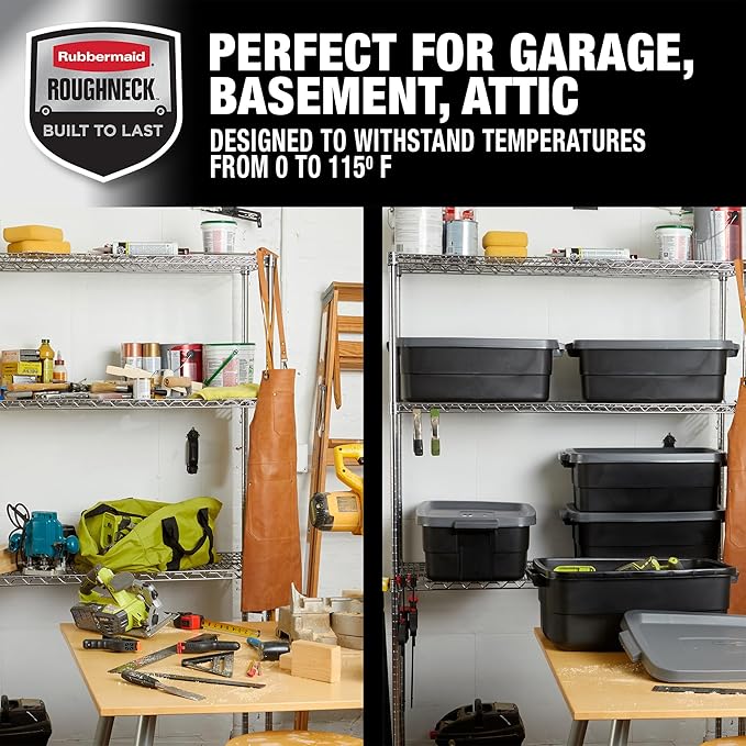 Rubbermaid Roughneck Tote 10 Gal, 6 Pack, Made in USA, Black & Gray, Rugged Plastic Stackable Storage Bins with Lids and Handles-Ruum Studio Home