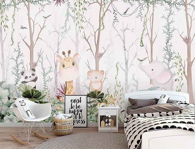 WFBHUA-Kids Tree Wallpaper Cute Animals Plants Bird Wall Decor Mural for Nursery Boys Girls Bedroom Room (Not Peel and Stick)-Ruum Studio Home