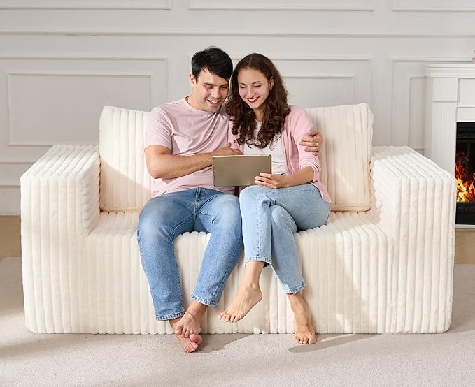 Modular Sectional Sofa 2 Seater Loveseat Modular Couch with Deep Seat Memory Foam Cloud Chair with Pillows Oversized Sectional Sofa for Living Room Bedroom (Strip White, Loveseat)-Ruum Studio Home