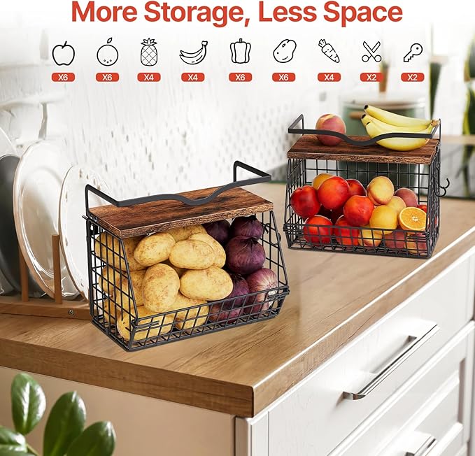 2 Pack Fruit Bowl Hanging Fruit Basket for Kitchen Counter ,Stackable Wire Baskets for Onion Storage and Potato Storage with Wood Lid,Vegetable Fruit Basket with Banana Hooks-Ruum Studio Home