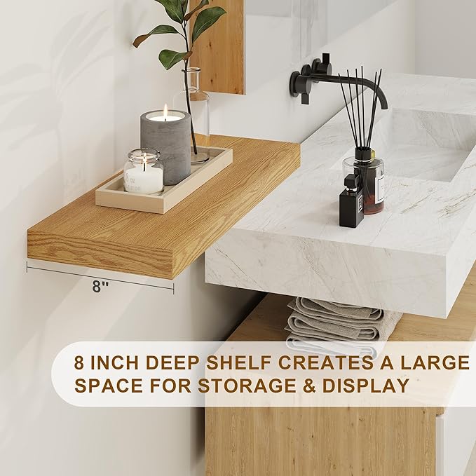 Fun Memories Floating Shelves, 8 Inch Deep Floating Shelves, Rustic Wood Fireplace Mantel 48 in Long, 48 x 8 Floating Wall Shelves for Living Room, Kitchen, Bedroom, Oak Color, 1 Pack-Ruum Studio Home
