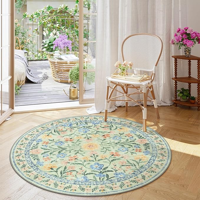 Wonnitar Washable Floral Round Rug, 6ft Sage Green Round Area Rugs for Bedroom Nursery, Boho Non-Slip Indoor Large Circle Carpets for Dining Room Living Room Kids Playroom-Ruum Studio Home