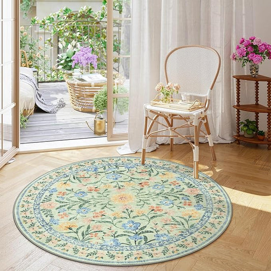 Wonnitar Washable Floral Round Rug, 6ft Sage Green Round Area Rugs for Bedroom Nursery, Boho Non-Slip Indoor Large Circle Carpets for Dining Room Living Room Kids Playroom-Ruum Studio Home