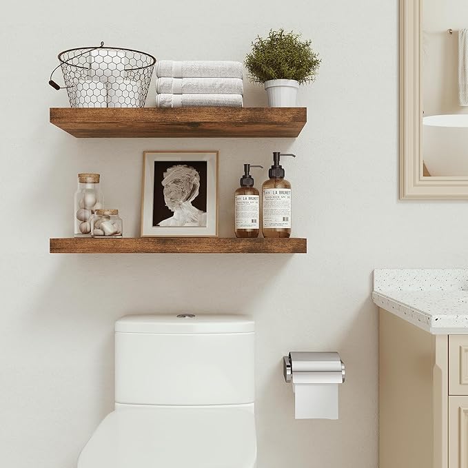 Floating Shelves for Wall 24 inchs Long, 9.1” Deep x 1.5” Thick Wall Shelves for Bedroom, Living Room, Bathroom，Kitchen, Office, Rustic Farmhouse Shelf Decor with Invisible Bracket, Set of 2-Ruum Studio Home
