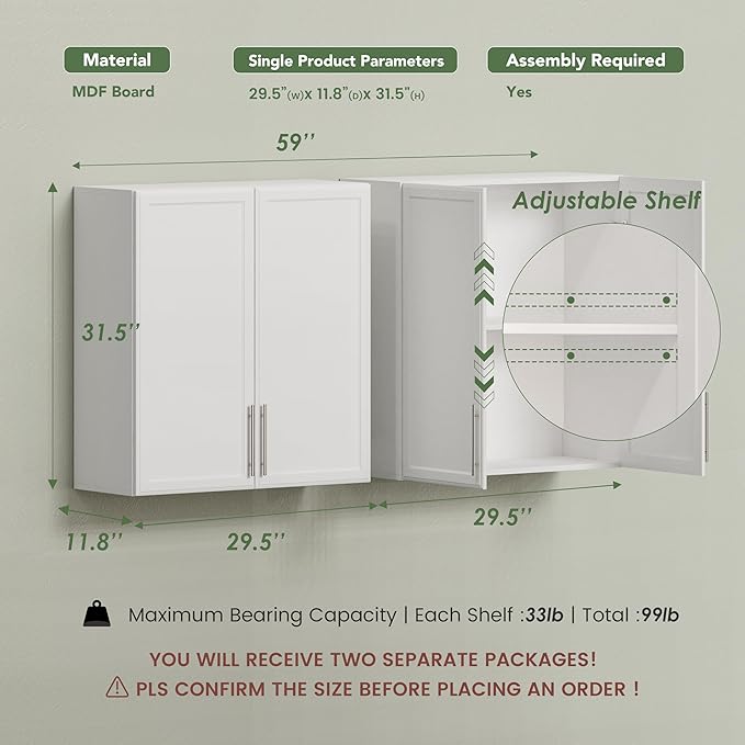 FIMELLO 60" Laundry Room Wall Cabinets with Adjustable Shelf, Large Wall Storage Cabinet, White Wall Cabinet with Doors, Upper Kitchen Cabinet, Cabinets for Laundry, Bathroom, Kitchen -White-Ruum Studio Home