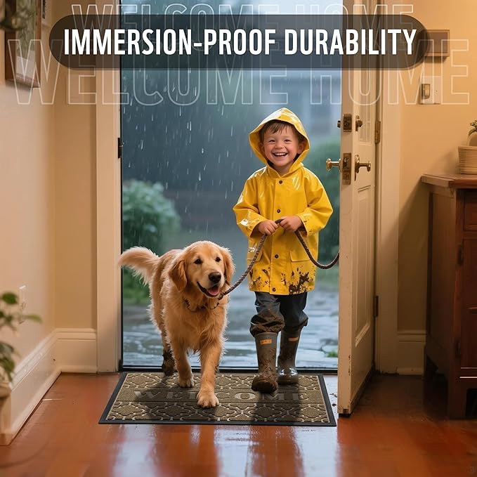 Yimobra Welcome Mat Outdoor Indoor, All-Season Waterproof Front Door Mat Outside Entrance, All-Weather Heavy Duty Non-Slip Doormat, Low Profile Porch Patio Entrance Mats, 47x24, Coffee-Ruum Studio Home
