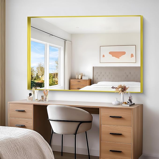 Gold Bathroom Mirror, 60x40 Inch Rectangular Framed Mirror, Large Wall Mounted Bathroom Vanity Mirror Over Sink for Bedroom,Restroom, Living Room, Hangs Vertically or Horizontally-Ruum Studio Home