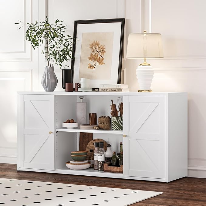 Farmhouse - Style 65 - inch Metal TV Stand: Entertainment Center with Locker, Barn - Style Doors, Adjustable Partition. Medieval Modern Media Console Table for Living Room & Bedroom (White)-Ruum Studio Home