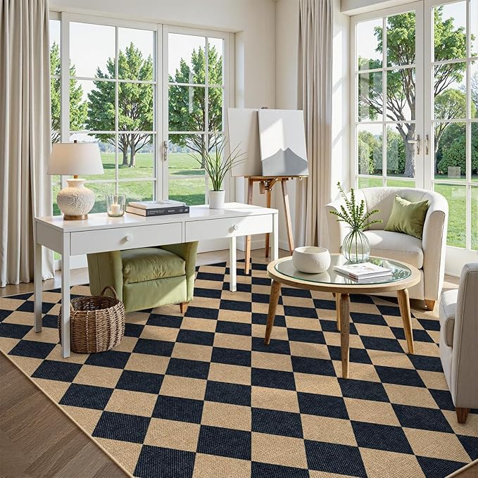 Lahome Checkered Easy Jute Area Rug 8x10, Large Living Room Patio Rug Checkerboard Indoor Outdoor Carpet, Farmhouse Geometric Non Slip Black Carpet for Backyard Dining Room-Ruum Studio Home