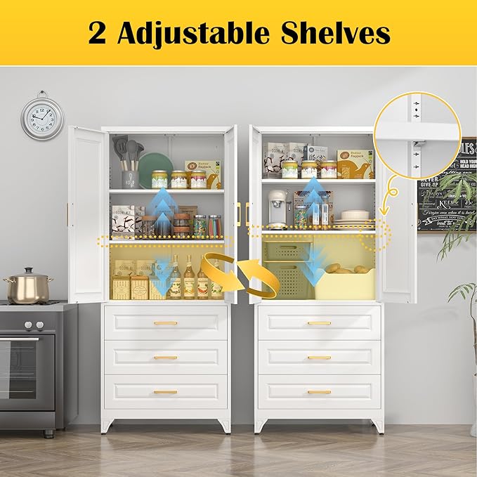 75" Kitchen Pantry Cabinet with 3 Drawer,Metal Storage Cabinets with Doors and 4 Adjustable Shelves,White Kitchen Cabinet with 2 Gold Handles,Food Cupboard for Livingroom,Pantry, Bathroom-Ruum Studio Home