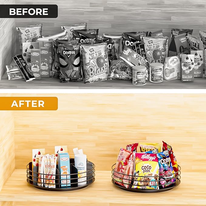 Snack Organizer - Versatile Snack Storage, Lazy Susan with Convenient Grab-and-Go Design, Metal Snack Holder for Home, Office, Breakroom, 11.85" L x 11.85" W x 4.17" H (Matte Black)-Ruum Studio Home