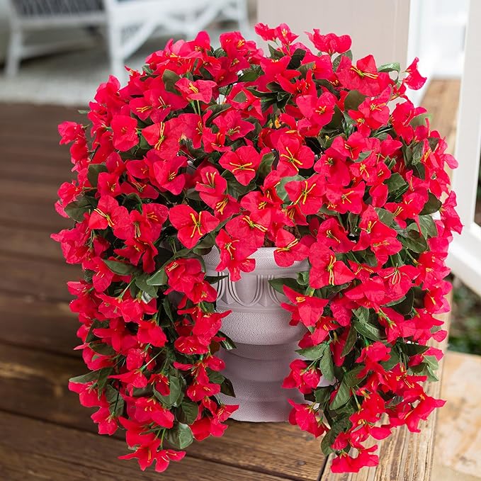 Faux Bougainvillea Artificial Flowers Plants for Outdoor Outside Decoration, 2 PCS Red Fake Flowers UV Resistant Look Real Silk Long Trailing Vines for Front Door Porch Planter Urn Patio Garden Yard-Ruum Studio Home