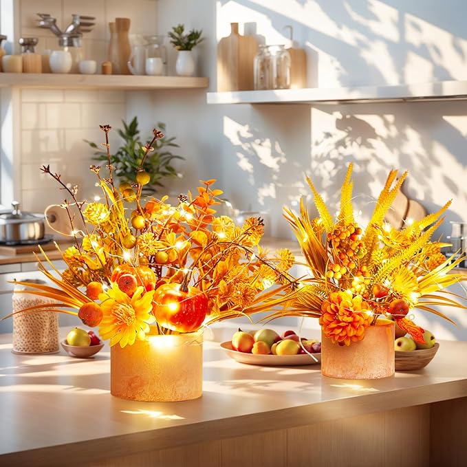 Thanksgiving Centerpiece Fall Table Flower - 2 Pack Lighted Realistic Artificial Table Plant with Western Modern Boho Rustic Aesthetic Bouquet Fall Decor Gift for Home Farmhouse-Ruum Studio Home