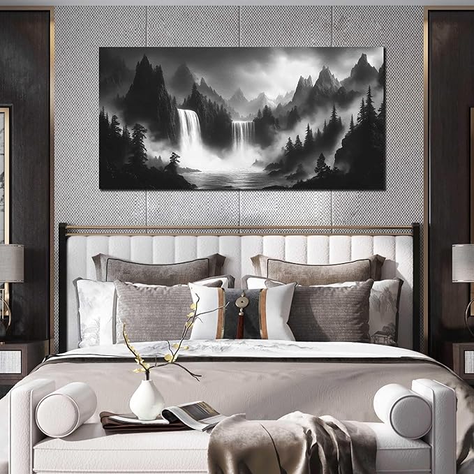 HUBOSKN Waterfall Pictures Wall Decor for Living Room - Mountain Wall Art for Office - Black and White Canvas Wall Art for Bedroom Size 24" x 48"-Ruum Studio Home