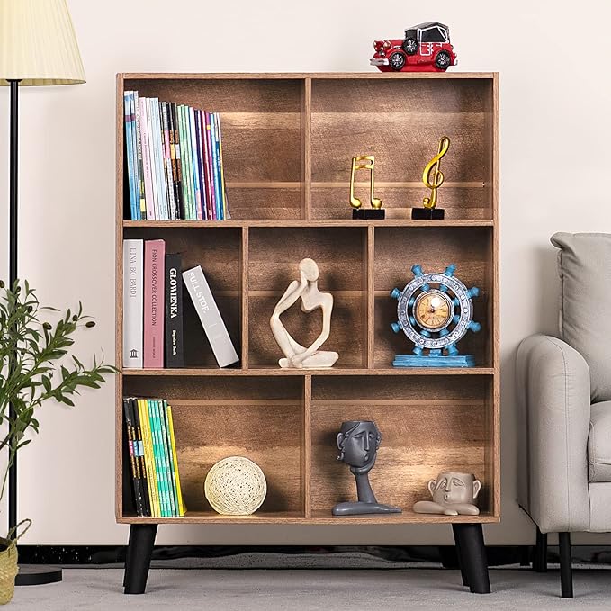 LEYAOYAO 7 Cube Bookshelf 3 Tier Modern Bookcase with Legs,Wood Book Shelves Storage Organizer Shelf,Free Standing Bookcases,Oak Display Bookshelves-Ruum Studio Home