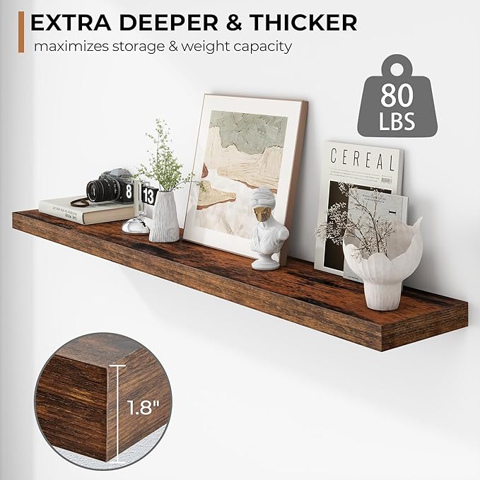 Fun Memories 55 Inch Floating Shelves - 9 Inch Deep Rustic Wooden Wall Shelves - Extra Deeper & Thicker Wall Mounted Storage Shelf for Living Room, Kitchen, Farmhouse - 55" W x 9" D x 1.8" H - Brown-Ruum Studio Home