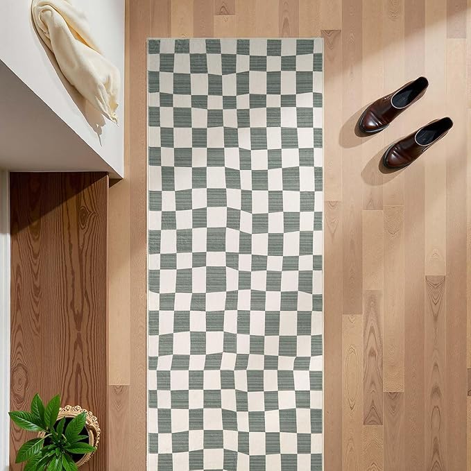 jinchan Runner Rug 2x6 Hallway Washable Modern Checkered Geometric Lattice Kids Bedroom Rug Indoor Floor Cover Non Slip Soft Carpet for Nursery Room Kitchen Laundry Room Home Grey-Ruum Studio Home