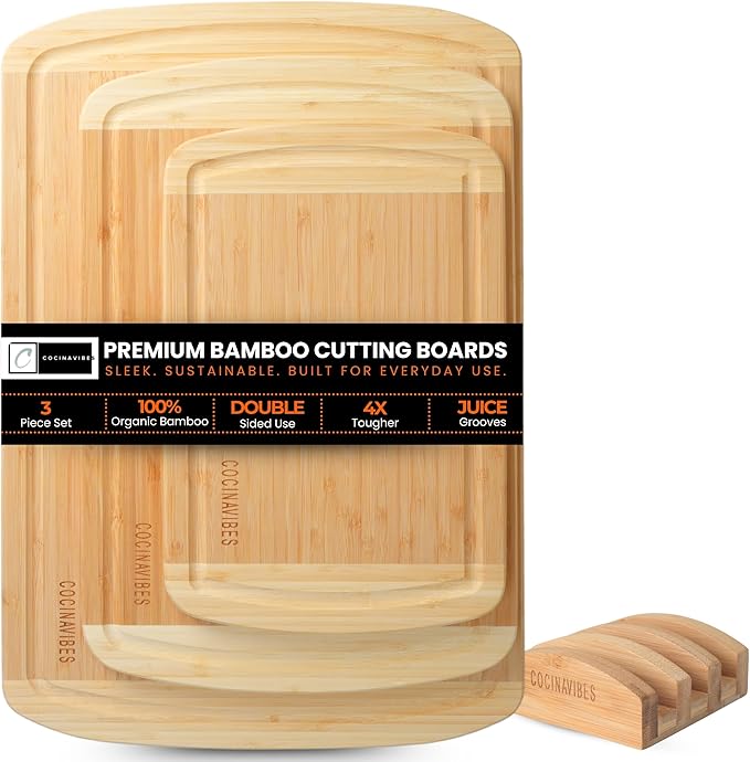 Bamboo Cutting Board Set – Charcuterie & Chopping Boards for Kitchen, Large & Small Sizes, Safe Cutting Boards for Meat, Cheese, Pizza – Home & Kitchen Gift Idea-Ruum Studio Home