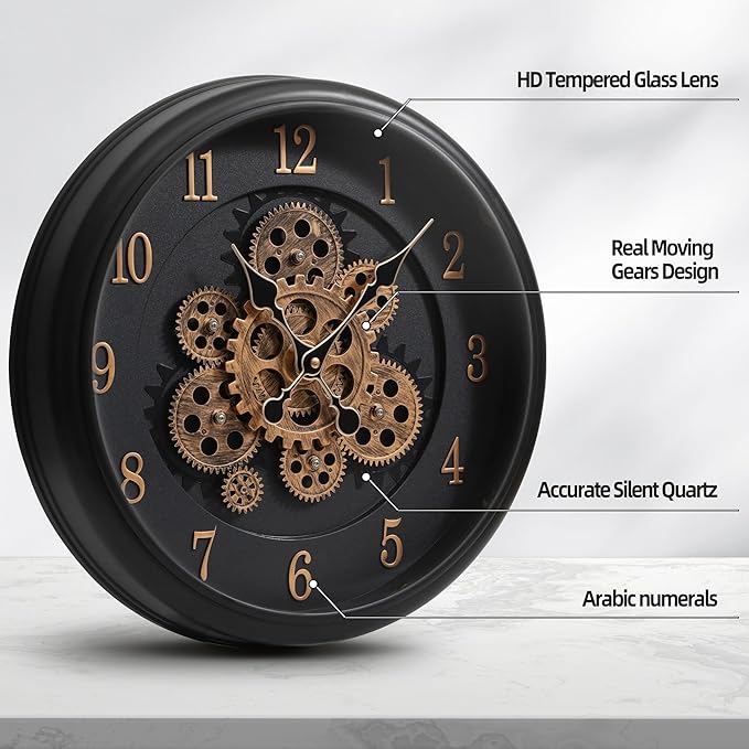 Maxstar Large Moving Gear Wall Clock,16" Vintage Mechanical Battery Operated Industrial Wall Clocks for Farmhouse Living Room,Home Office, Dinning Room, Kitchen, Steampunk Decor-Black,Arab Numeral-Ruum Studio Home
