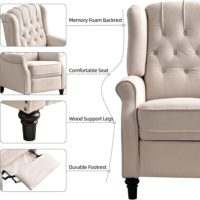 EBELLO Pushback Recliner Chair, Fabric Armchair Push Back Recliner with Rivet Decoration, Mid Century Wingback Accent Chair for Living Room, Bedroom, Beige-Ruum Studio Home