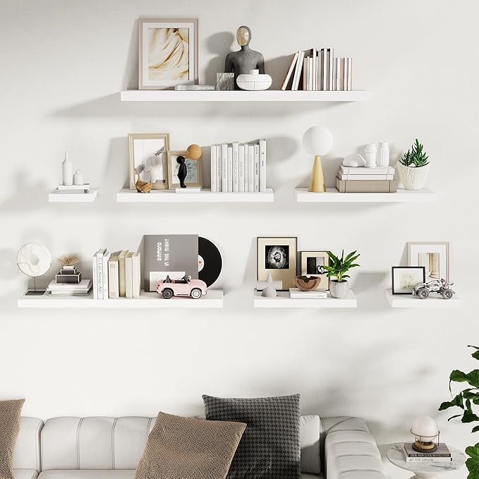 Fun Memories Wood Floating Shelves 16 Inch, 10 Inch Deep Shelves Wall Mount, Wall Shelves with Invisible Bracket, 16" Floating Shelves for Living Room Bathroom Bedroom, White, Set of 2-Ruum Studio Home