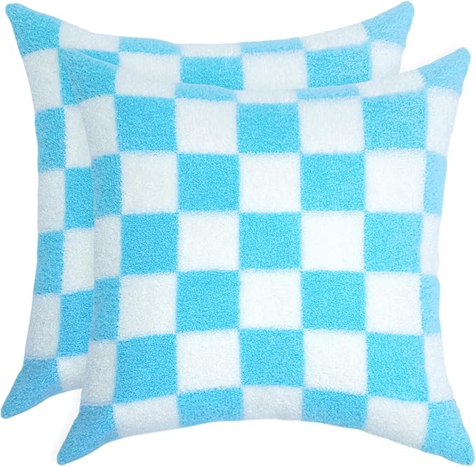 Alysheer Checkered Embroidered Decorative Throw Pillow Covers 18"x 18" Set of 2, Classic Accent Designer Blue White Plaid Patterned Cotton Cushion Cases for Sofa Couch Bed Living Room Outdoor Decor-Ruum Studio Home