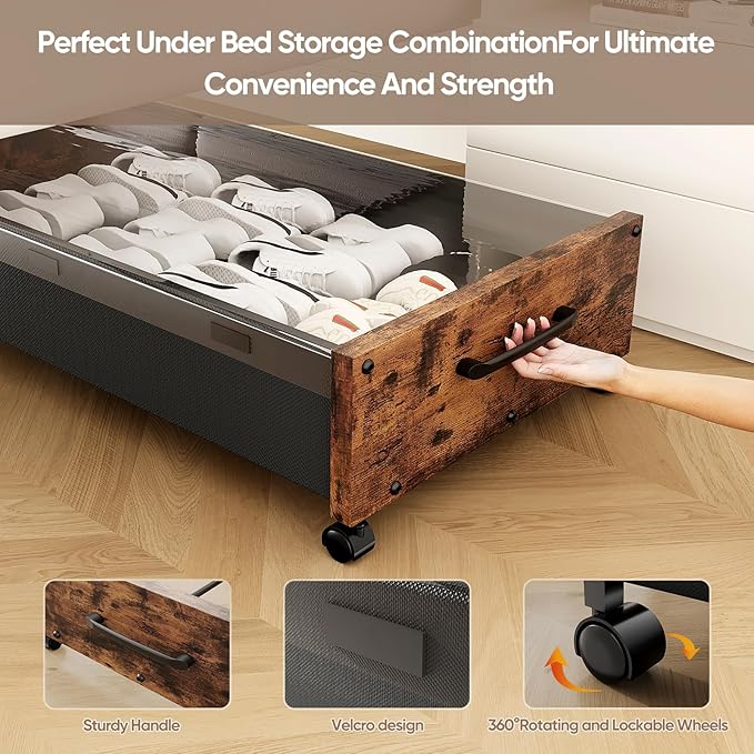 Wooden Under Bed Storage with Wheels, Rolling Under the Bed Storage Bins with Removable Lid, Metal Under Bed Drawers for Clothes and Shoes in Bedroom or Living Room(Vintage Brown-1pack)-Ruum Studio Home