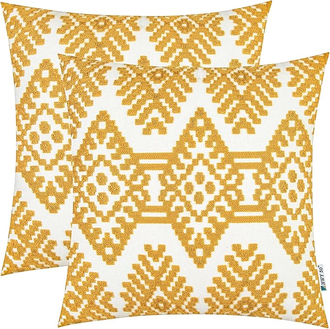 HWY 50 Mustard Yellow Decorative Throw Pillow Covers 18x18 Inch, Pack of 2 Embroidered Cotton Farmhouse Cushion Cover Pillow Case for Sofa Couch Living Room Bed Bedroon, Modern Diamond Geometric-Ruum Studio Home