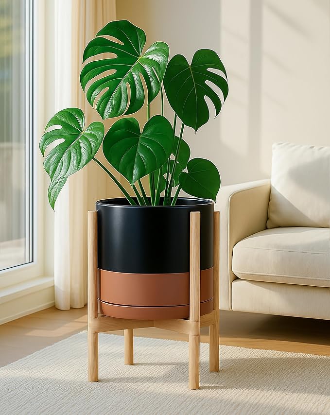D'vine Dev Ceramic Planter with Natural Stand - 12 Inch Modern Round Flower Pot with Wood Planter Holder, Black/Speckled Tan, 55-B-J-7-Ruum Studio Home