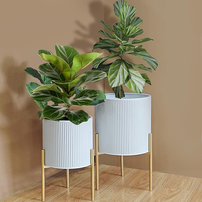 ARNIS Modern Plant Pots, Set of 2 Round Large Planters with Stand, Large Size Metal Pots with Drainage Holes for Living Room, Office, Garden or Balcony, 10.5 &12.25 Inch, White & Gold-Ruum Studio Home