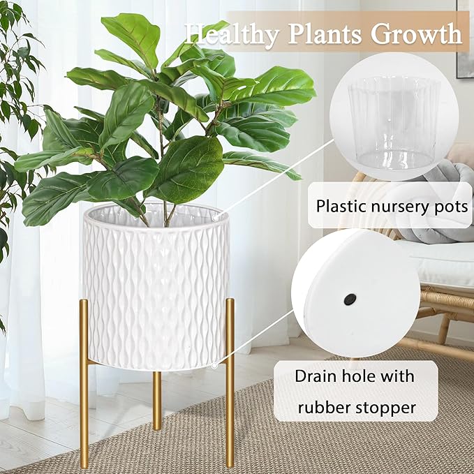 ARNIS Plants Pots with Stand, Set of 2 P lanters, Unique Mid Century Decorative Metal Flower Pots with Drainage, 8.25 & 10.5 Inch, White and Gold-Ruum Studio Home