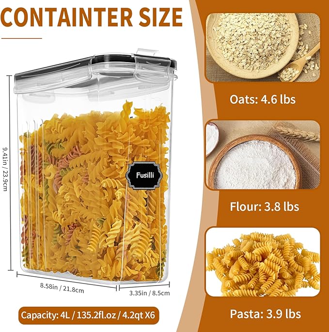 Cereal Containers Storage Set (4L / 135.2oz), 6PCS Airtight Food Storage Containers with Lids, Cereal Dispensers for kitchen Pantry Organizers and Storage with Pour Spout, 20 Labels, Marker-Ruum Studio Home
