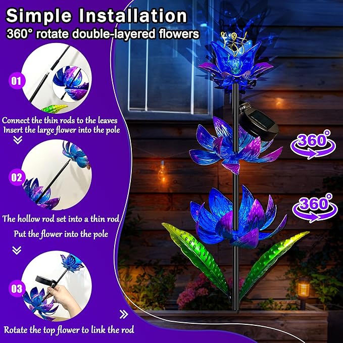 Solar Wind Spinner Outdoor, 63 Inch Metal Wind Spinner Yard Art with LED Lights, Three-Layer Flower Design Pinwheels for Yard and Garden Decor, Solar Garden Decor-Ruum Studio Home