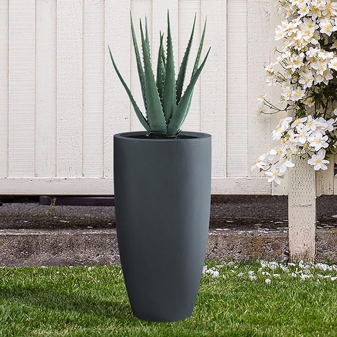 Kante 23.6" H Charcoal Concrete Tall Planters (Set of 2), Large Outdoor Indoor Decorative Plant Pots with Drainage Hole and Rubber Plug, Modern Style for Home and Garden-Ruum Studio Home