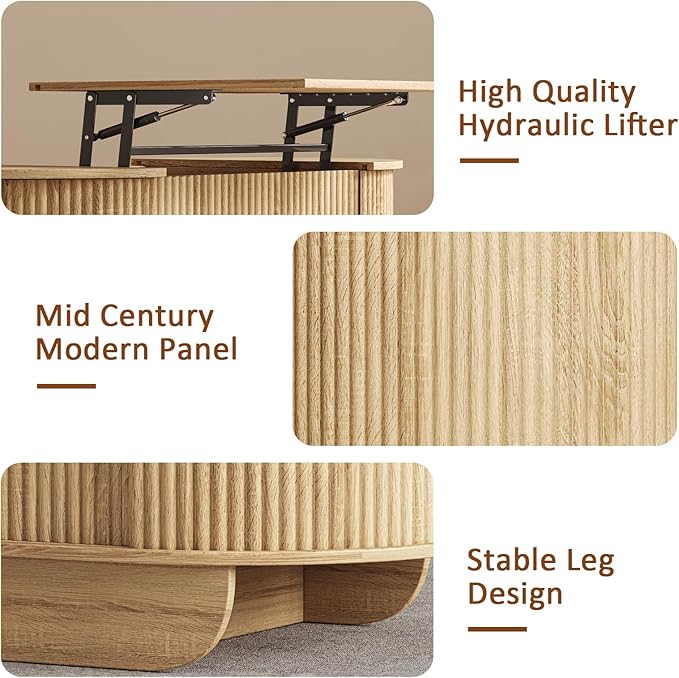Lift Top Coffee Table with Storage,Oval Wood Coffee Table with Sliding Doors & Hidden Compartment, Fluted Center Table for Home,Living Room,Office, Natural-Ruum Studio Home