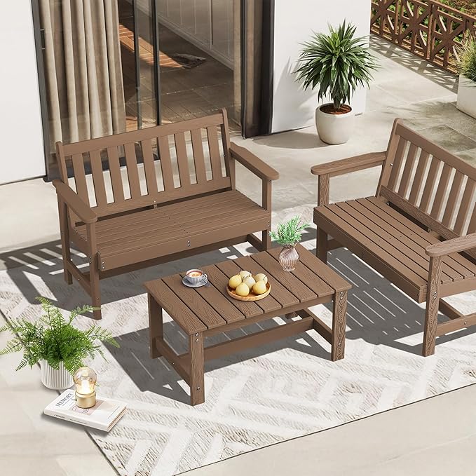 SERWALL Patio Coffee Table, HDPE Rectangle Outdoor Coffee Table, Brown-Ruum Studio Home