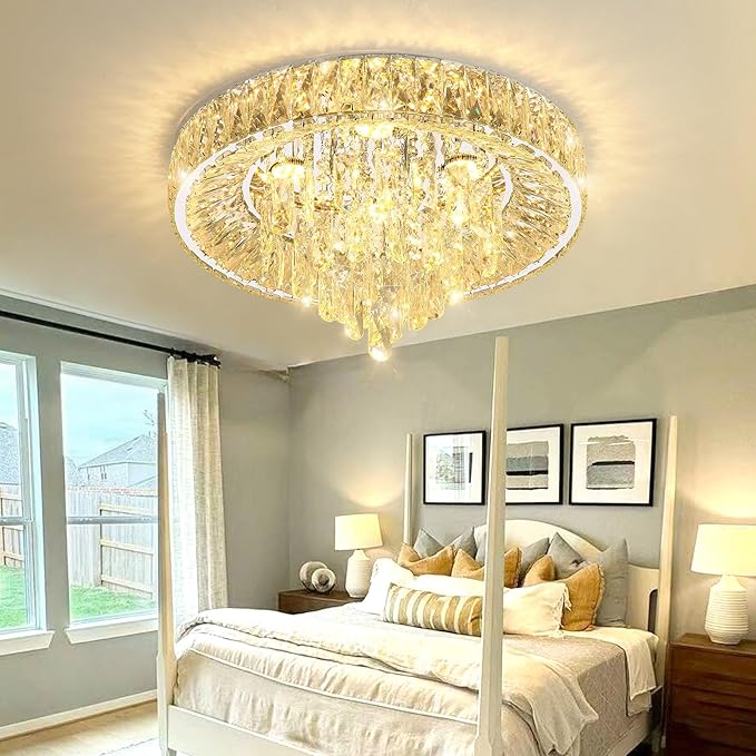Modern Crystal Chandeliers for Dining Room LED Light Fixture Close to Ceiling Chandelier Flush Mount Ceiling Light Dimmable Lamp with Remote for Living Room Bedroom Hallway 2700K 6000K-Ruum Studio Home