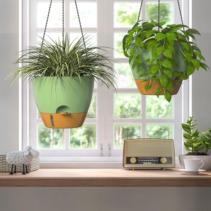 ZMTECH 12 Inch Hanging Planters for Indoor Outdoor Plants, 2 Pack Self Watering Hanging Plant Pots with Drainage Hole, Visual Reservoir, Plastic Flower Hanging Pots with Watering Lip (Green)-Ruum Studio Home