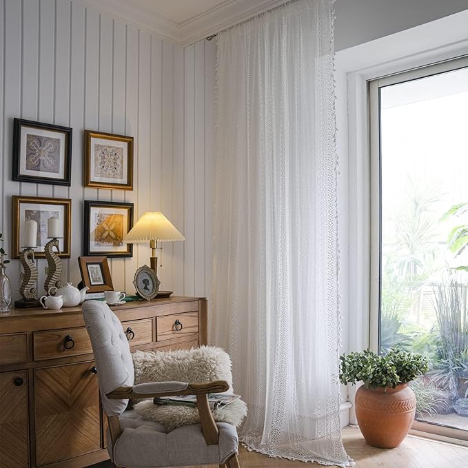 Sutuo Home White Boho Curtains Crochet Lace Semi-Sheer Bohemian Hollow Knitted Handmade Tassels, Rod Pocket Window Treatment Vintage Rustic Farmhouse Drapes for Glass Slide Door, 1 Panel 59" W x 90" L-Ruum Studio Home