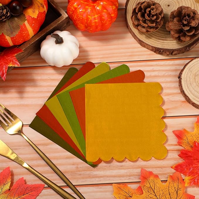 150 Pcs 5 x 5 Inches Fall Thanksgiving Paper Napkins Scalloped Cocktail Napkins Disposable Autumn Harvest Party Supplies Dessert Beverage Bathroom Table Dinner Wedding Decor-Ruum Studio Home