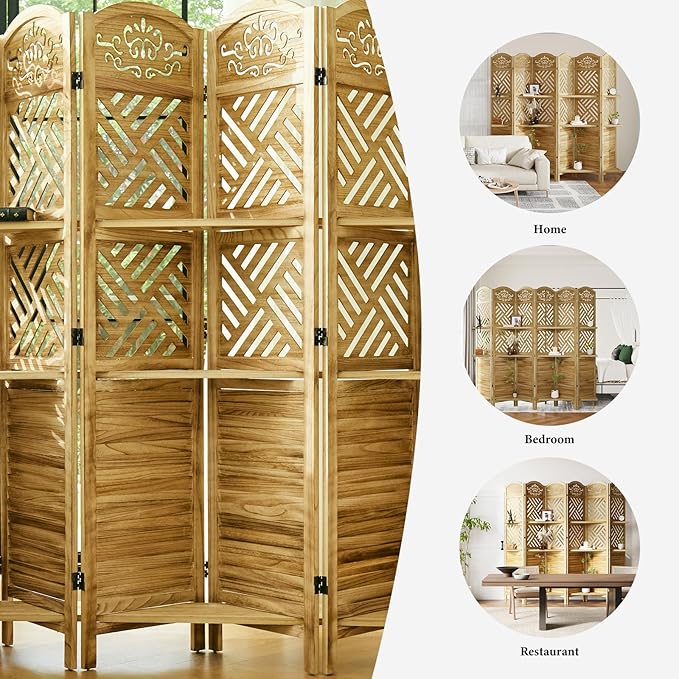 Room Divider with Shelves, 68.9inch Wood Carved and Louvered Wall Divider Freestanding, 6 Panels Folding Partition Screen for Bedroom Home Office (Natural)-Ruum Studio Home