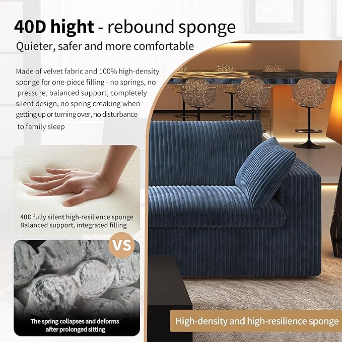 118" 3-Seater Cloud Sofa,Modular Sectional Couch,Modern Deep Seat Upholstered Couches with Plush Corduroy Fabric for Living Room Furniture,Bedroom and Apartment,No Assembly Required,Blue-Ruum Studio Home