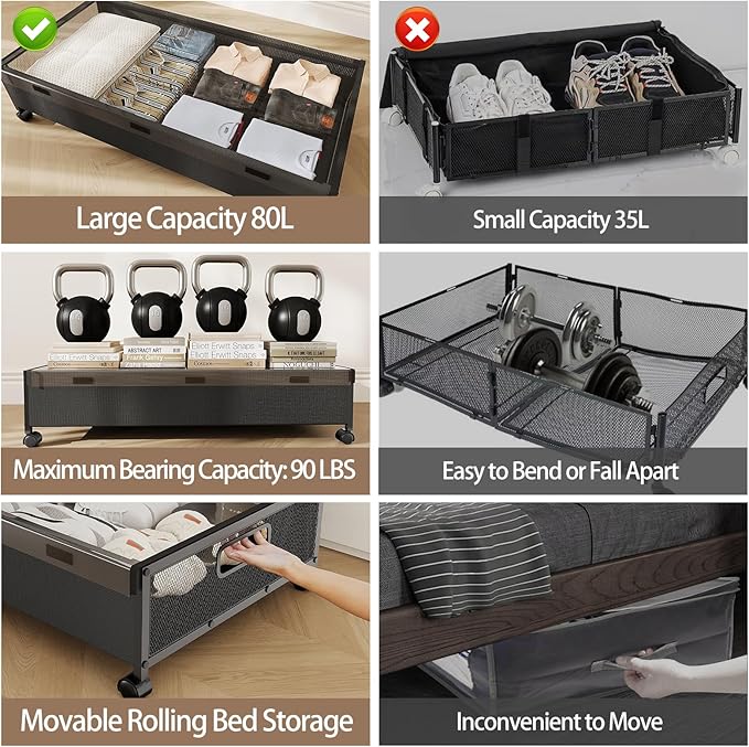 Under Bed Storage Containers with Wheels, 80L Extra-large Underbed Shoe Storage Organizer 2 Pack with Removable Lids, Large Rolling Under Bed Storage Dresser Drawers for Clothes Shoes Blankets-Ruum Studio Home