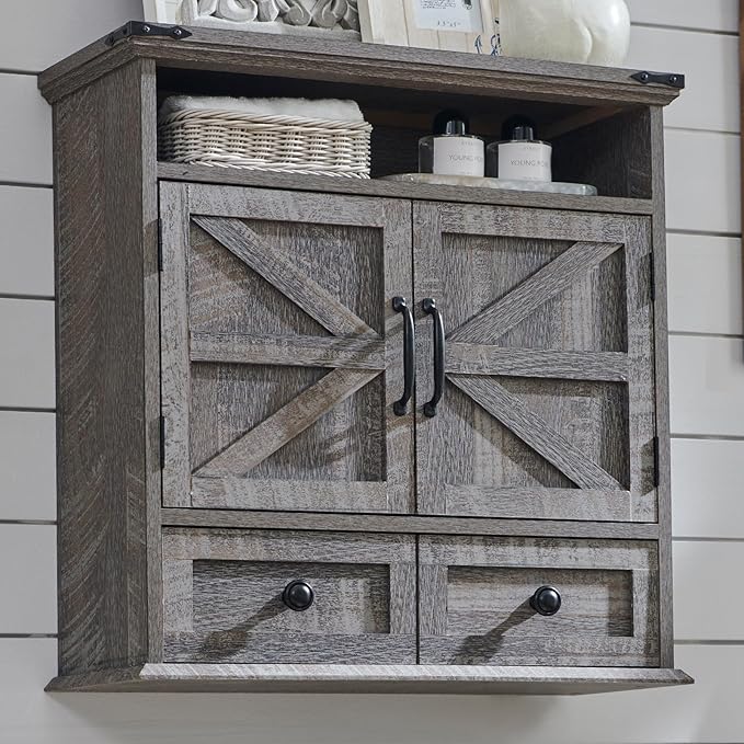 Bathroom Wall Cabinet, Farmhouse Medicine Cabinet, 24" Wide Cabinet with Drawer, Adjustable Shelf, Double Barn Doors, Storage Cabinet for Bathroom, Kitchen, Living Room, Grey Wash-Ruum Studio Home