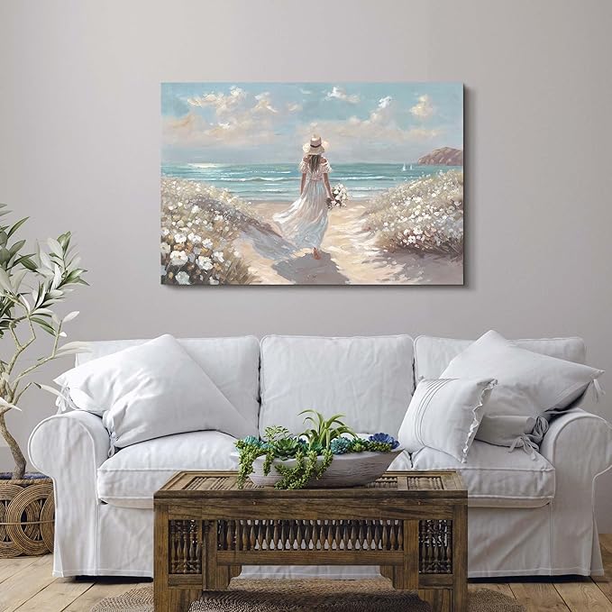 cozy country Beach Wall Art 45"x30" - Coastal Pictures Ocean Canvas Decor - Nautical Artwork Seascape Hand Painting for Girls Room, Bedroom, Sea House-Ruum Studio Home