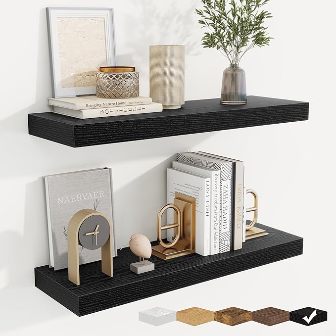 fuqing Floating Shelves for Wall, Bathroom Shelf Wall Mounted for Storage, Shelves with Invisible Bracket for Bedroom, Kitchen, Living Room, Farmhouse Small Book Shelf, 24 Inch Set of 2, Black-Ruum Studio Home