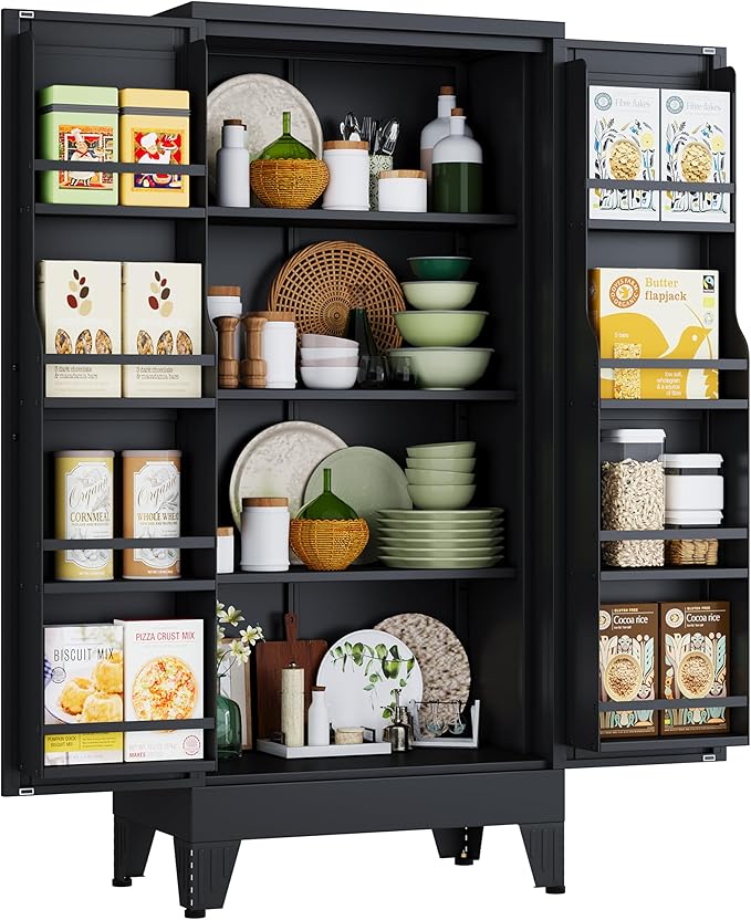 51" H Metal Kitchen Pantry Storage Cabinet, Freestanding Cupboard Storage Cabinet with Doors and Adjustable Shelves, Large Stand Up Food Cupboard for Living Room, Dinning Room, Black-Ruum Studio Home