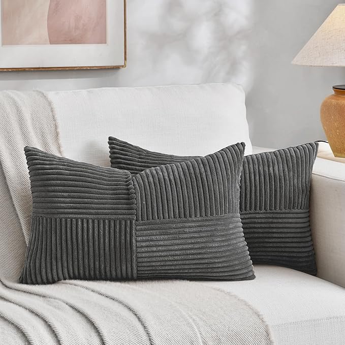 Fancy Homi 2 Packs Dark Gray Lumbar Decorative Throw Pillow Covers 14x24 Inch for Living Room Couch Bed Sofa, Farmhouse Home Decor, Soft Striped Corduroy Rectangle Accent Cushion Case 35x60 cm-Ruum Studio Home