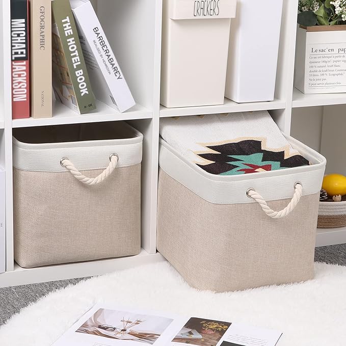 Bidtakay Beige Storage Basket Large Fabric Cloth Baskets [2-Pack] Tall Rectangular Shelf Baskets 16X11.8X11.8 in Canvas Collapsible Storage Bins with Handles for Organizing Living Room(White&Beige)-Ruum Studio Home